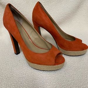 Orange suede peep toe heels Sz. 8M